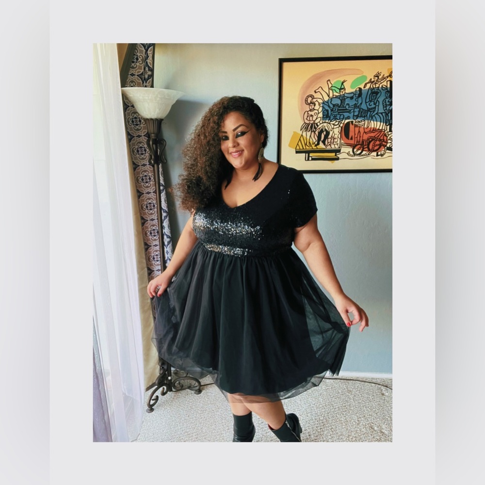 Plus Size Black Sequin and Mesh Bubble Hem Dress